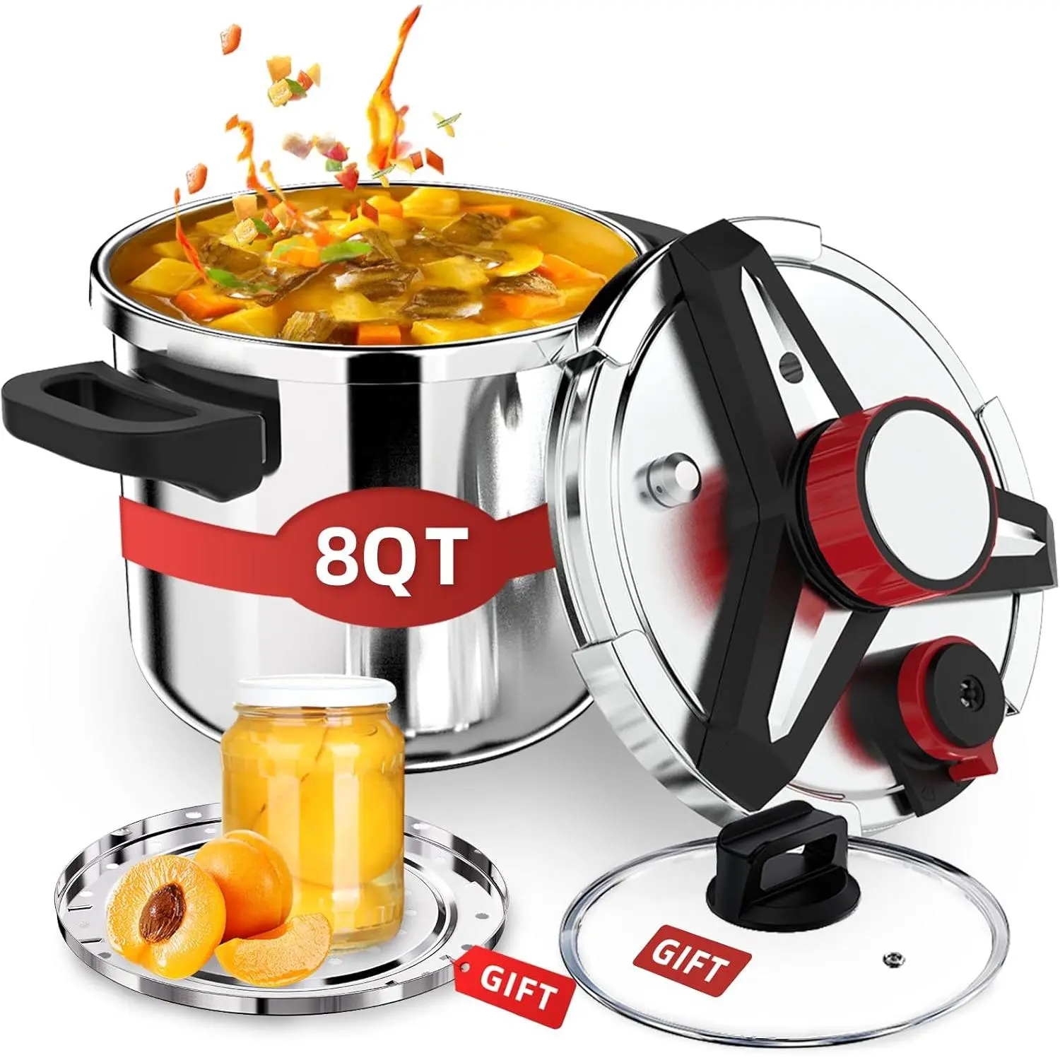 8 QT 3-in-1 18/8 Stainless Steel Pressure Cooker Pot for Home Kitchen - Hand Locking Canner, 3 PSI Settings, Saves 70% Time, Induction Compatible, Includes Glass Lid & Steamer Rack, Canning