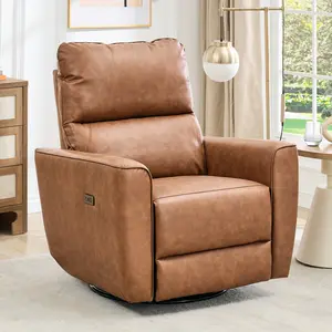 OUTGOODS 360° Swivel Glider Recliner Chair, Ergonomic PU Leather Rocking Nursery Chair with USB Charging Port & Lumbar Support, Compact Upholstered Relax Chair for Living Room & Bedroom