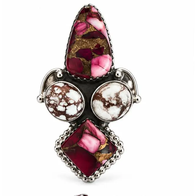 Red Rose Dahlia & Wild Horse Jasper .925 Sterling Silver Adjustable Cluster Ring