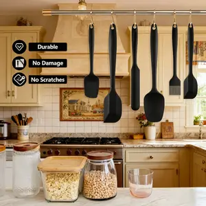 KITCHEN GEM 6pcs Seamless Silicone Spatula Set (Optional red suit or black suit) Heat Resistant Food Grade Flexible Rubber for Cooking Baking Yogurt Mixing Butter Spreading Non Stick Easy Clean Dishwasher Safe Premium Tools Bakeware Cake Steel pre-seasone