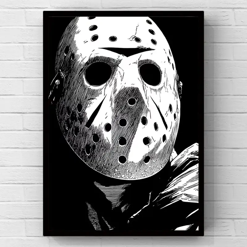 Friday the 13th Jason Voorhees hockey mask black and white sketch horror art, minimalist artwork, 2D flat print canvas wall art poster, wall decoration for home and bedroom décor, Halloween wall décor, ideal gift for gothic spaces and basement rooms