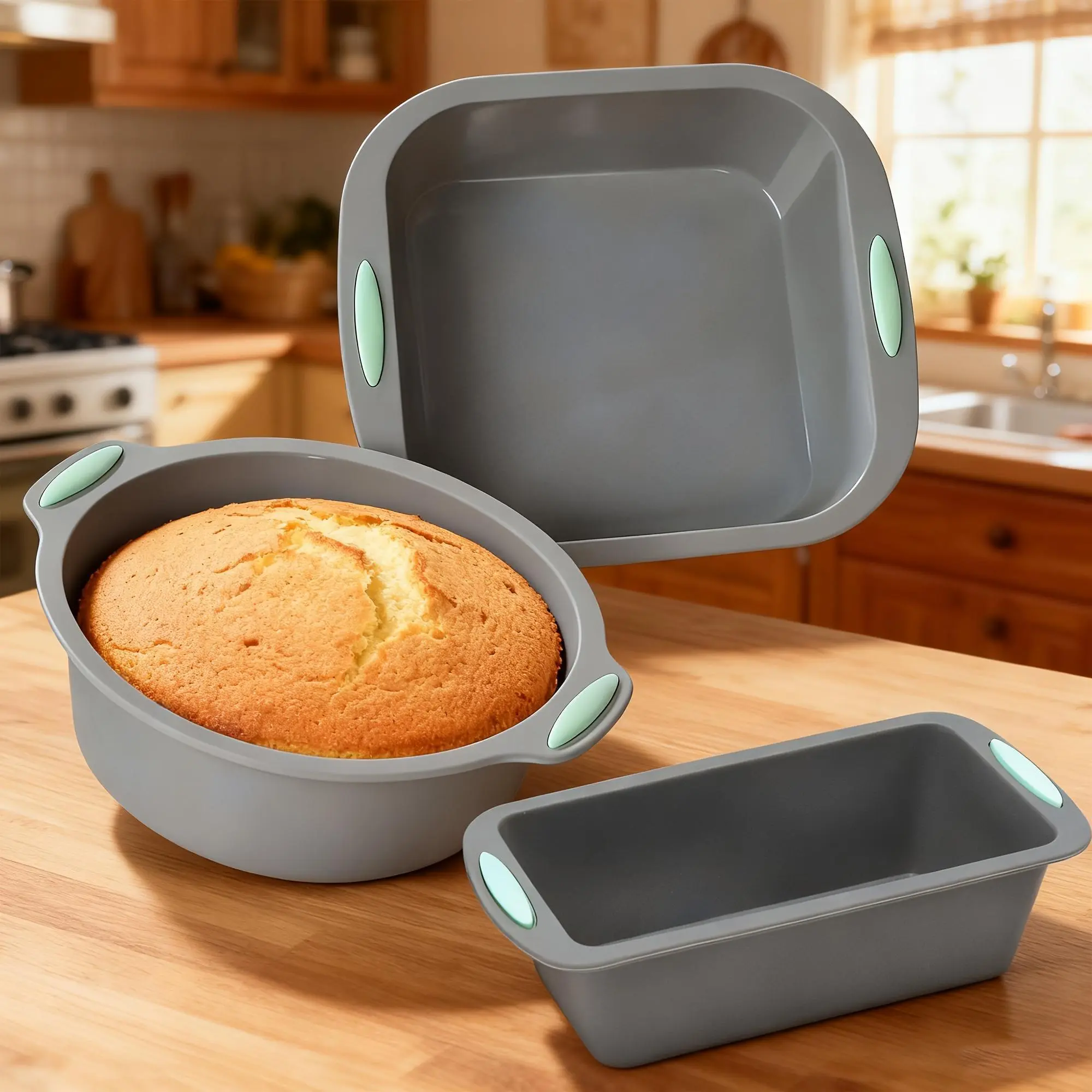 Set of 3 Non-Stick Mini Cake Pans, 6-Inch Round, Square, and Toast-Shaped Silicone Molds Perfect for Small Ovens and Mini Air Fryers, Ideal for Daily Home Use and for Holidays Like Easter, Thanksgiving, Mother's Day, and Father's Day