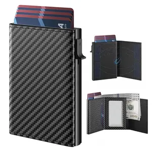 Fashion Men's Wallet, Multifunctional Smart Pop-Up RFID Blocking Credit Card Holder, Tri-fold Large Capacity Wallet, Carbon Fiber Pattern Card Clip, Minimalist Front Pocket Design, With ID Window Card Slots, Cash Pocket Card Holder Wallet, Perfect Gift