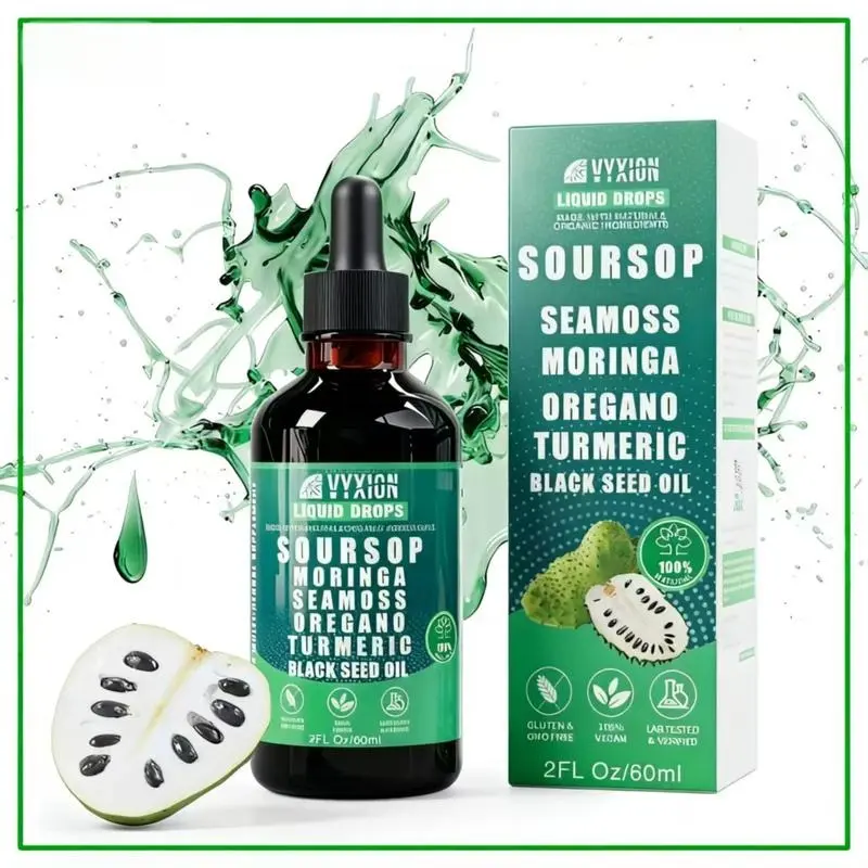 VYXION Pure Soursop 10 in 1 Liquid Drops Extract with Seamoss Moringa Black Seed Oil Turmeric & Oregano for Healthcare Fitness Natural Wellness Blend 2FL OZ 60ml