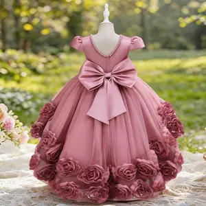 Girls Princess Dress Flower Girl Dress with Tulle Skirt and Big Bow Elegant Party Dress for Birthday Wedding