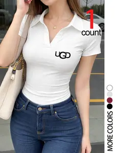 Women's Casual Slim-Fitting Polo Neck Short Sleeve Top, Comfortable Soft Fabric, Perfect for Outdoor Shopping and Party, Womenswear