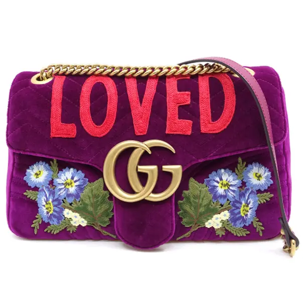 Pre-owned GUCCI Velvet Shoulder Bags Purple Matelassé GG Marmont LOVED Embroidery Floral Chain Crossbody Bag J8070229