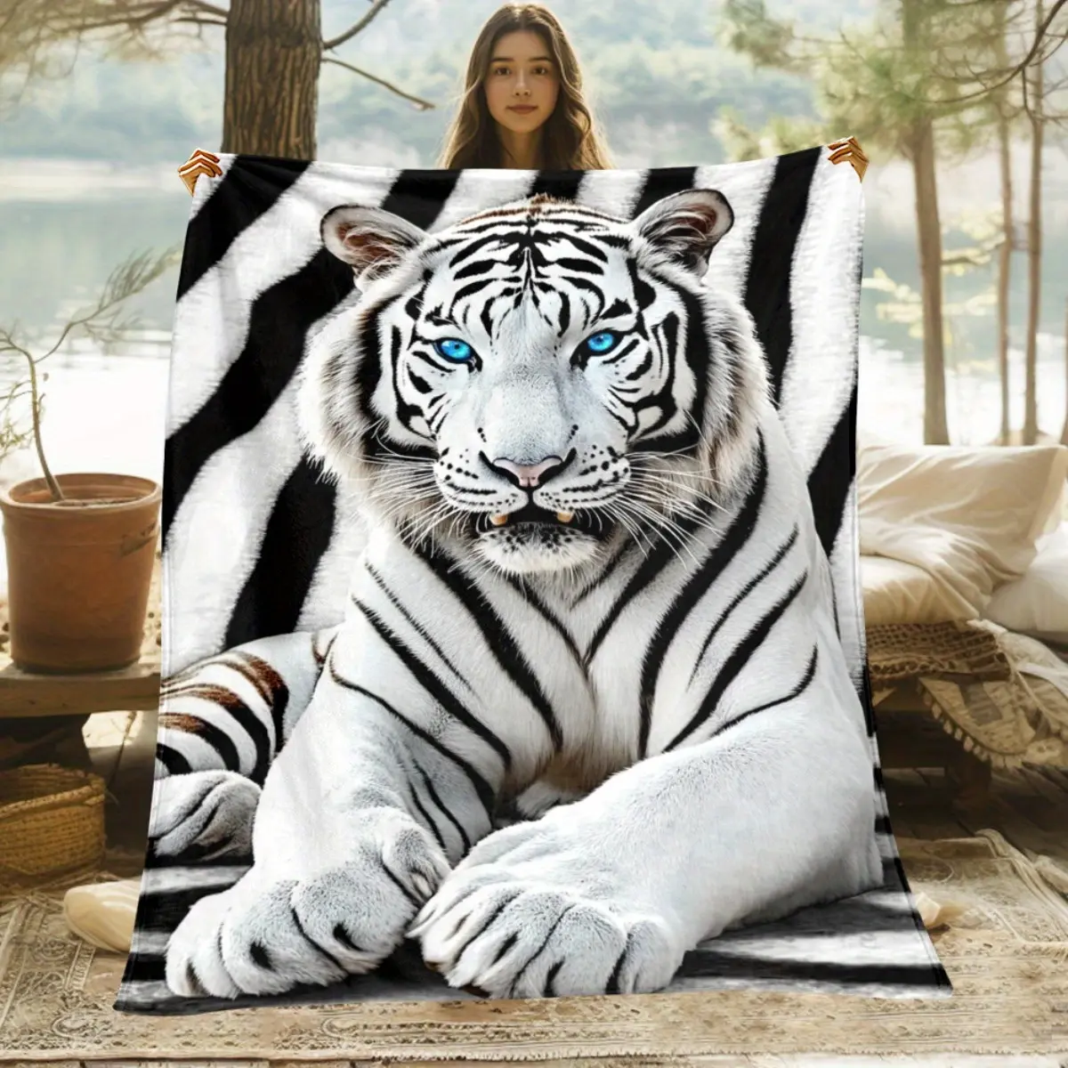 1pc White Tiger with Black Stripes Flannel Blanket - Soft and Warm All-Season Luxury Throw, Suitable for Bed, Sofa, Camping - Lightweight Tiger Print Bedspread, Black and White Stripes, Machine Washable - Ideal for Home, Office, Travel - Fashionable
