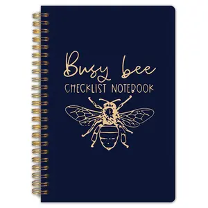 A "Busy Bee" themed checklist notebook with spiral binding, measuring 5.5x8.3 inches, featuring high-quality lined pages. It's an ideal daily task planner for professionals and makes a great gift. The durable binding ensures long-lasting use
