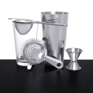 BarConic® 5-Piece Professional Cocktail Set with Double Strainer, Stainless Steel Shaker, Tin, and Bar Utensils