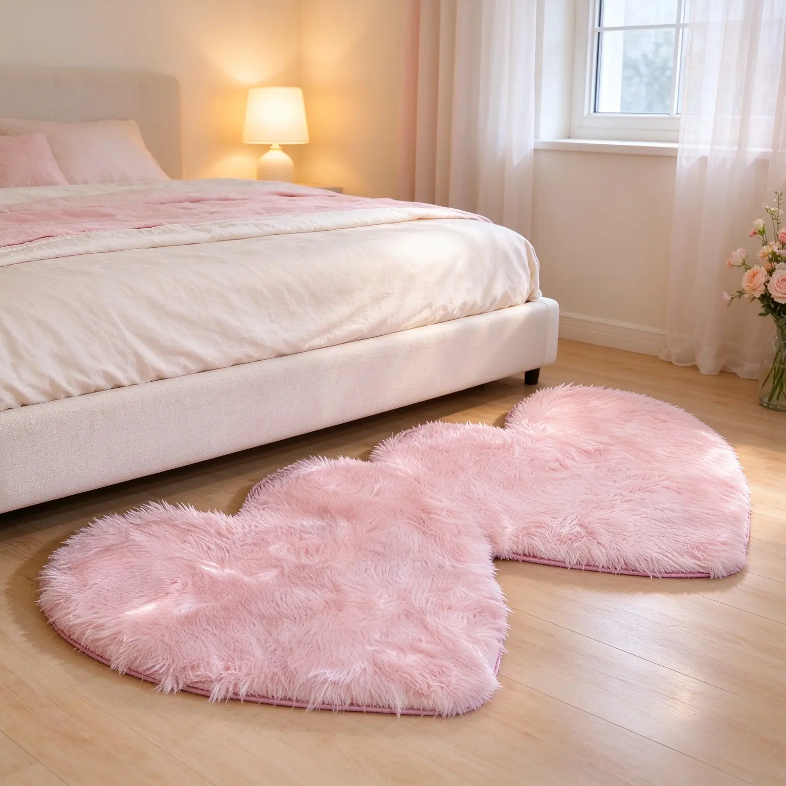 Pink Double Heart Shaped Runner Rug, Irregular Fluffy Faux Fur Floor Mat, Soft Non-Slip Decorative Rug for Bedroom Bedside, Romantic Coquette Accent Rug for Home Decor