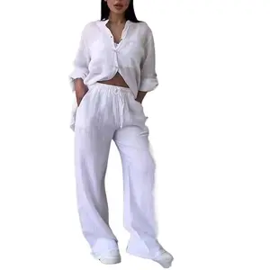Cotton - linen Solid - color Shirt and Drawstring Wide - leg Pants Set Women's Crochet Halter Tank Casual Elegant