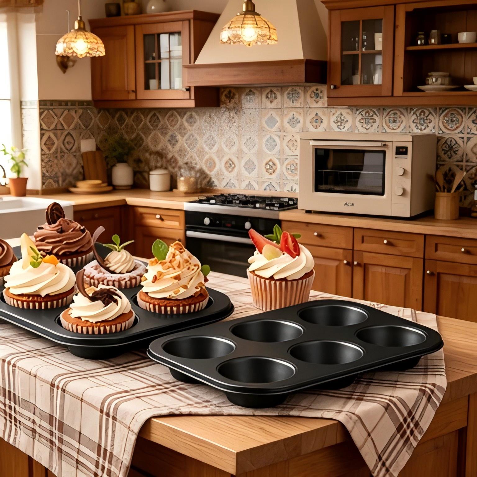2-pack high-quality steel muffin baking pans, round baking trays suitable for muffins, cupcakes and brownies, black, 6-cup capacity.