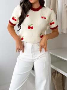 Sweet Cherry Pattern Short Sleeve Sweater for Women, Color Block Hem Design Loose Fit Knit Top, Casual Daily Wear
