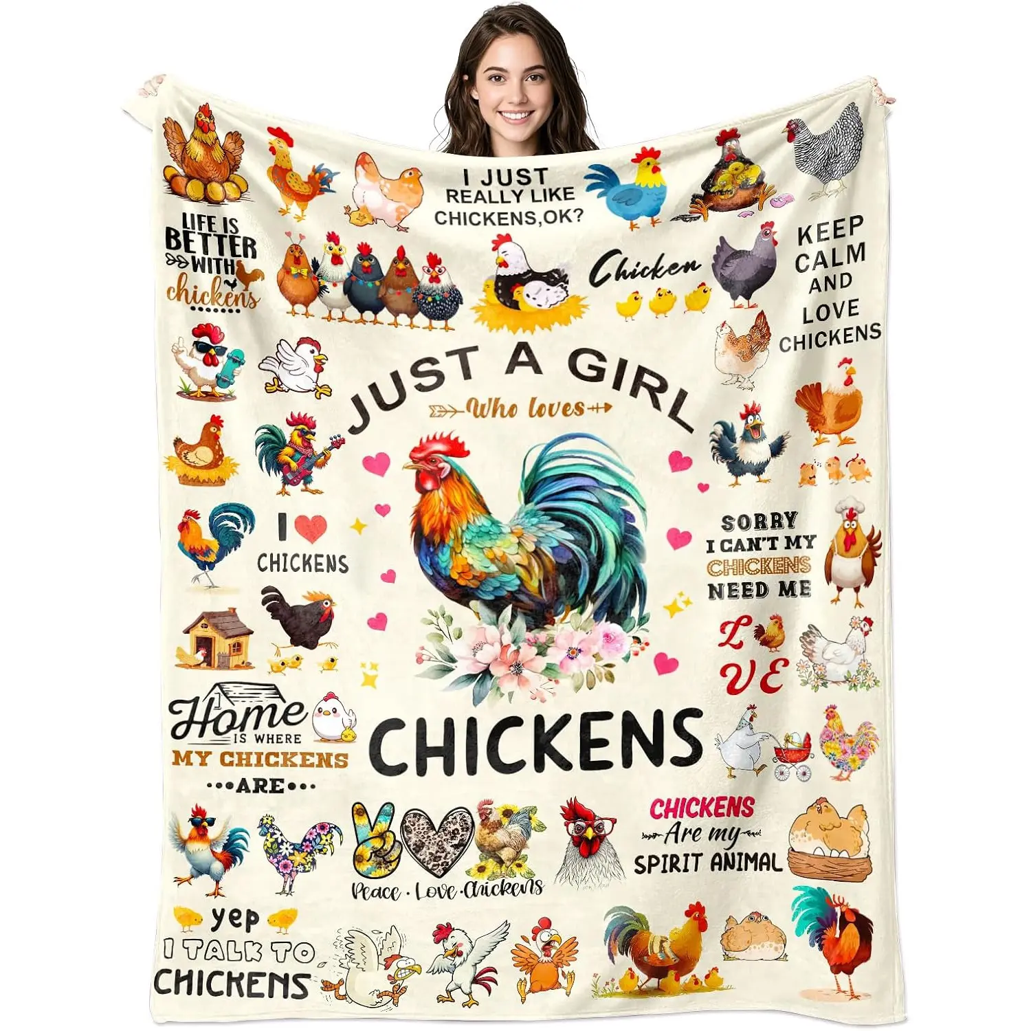 Soft Flannel Chicken Throw Blanket, 60"x50" Themed Gift for Women, 1-Sided Printed with Plain White Back, Thanksgiving Christmas Holiday Gift for Kids Adults