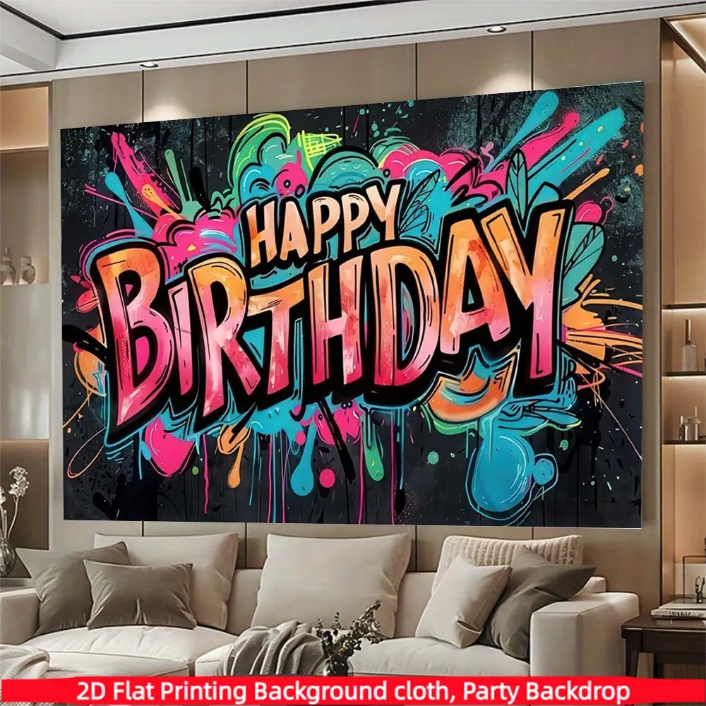 1PC， Hip hop graffiti themed birthday background fabric,made of polyester material,suitable for photo booths, parties, birthdays, celebrations, as well as indoor and outdoor home birthday party decoration, home decoration, room decoration, wall decoration