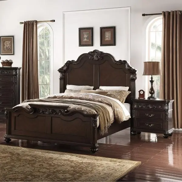 Antique Cherry 3-Pc Indoor Bedroom Furniture Set - Majestic Formal Carved Bed, 2 Nightstands for Bedroom Decor