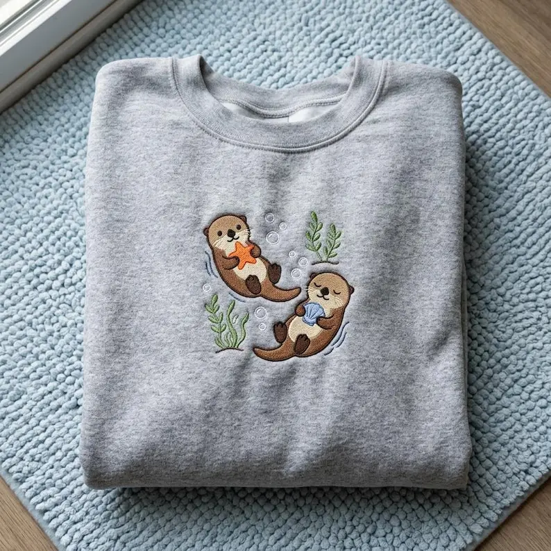 Embroidered Sea Otter Sweatshirt, Cute Ocean Otters Crewneck, Sea Life Animal Lover Gift, Marine Biologist Hoodie, Whimsical Nature Clothing