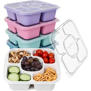 5-Pack Lunchable Container Set for Kids & Adults - Reusable Bento Snack Box Containers with 5-Compartment for Food Storage & Meal Prep, Wheat Straw, BPA-Free (Dark & Clear Lids)