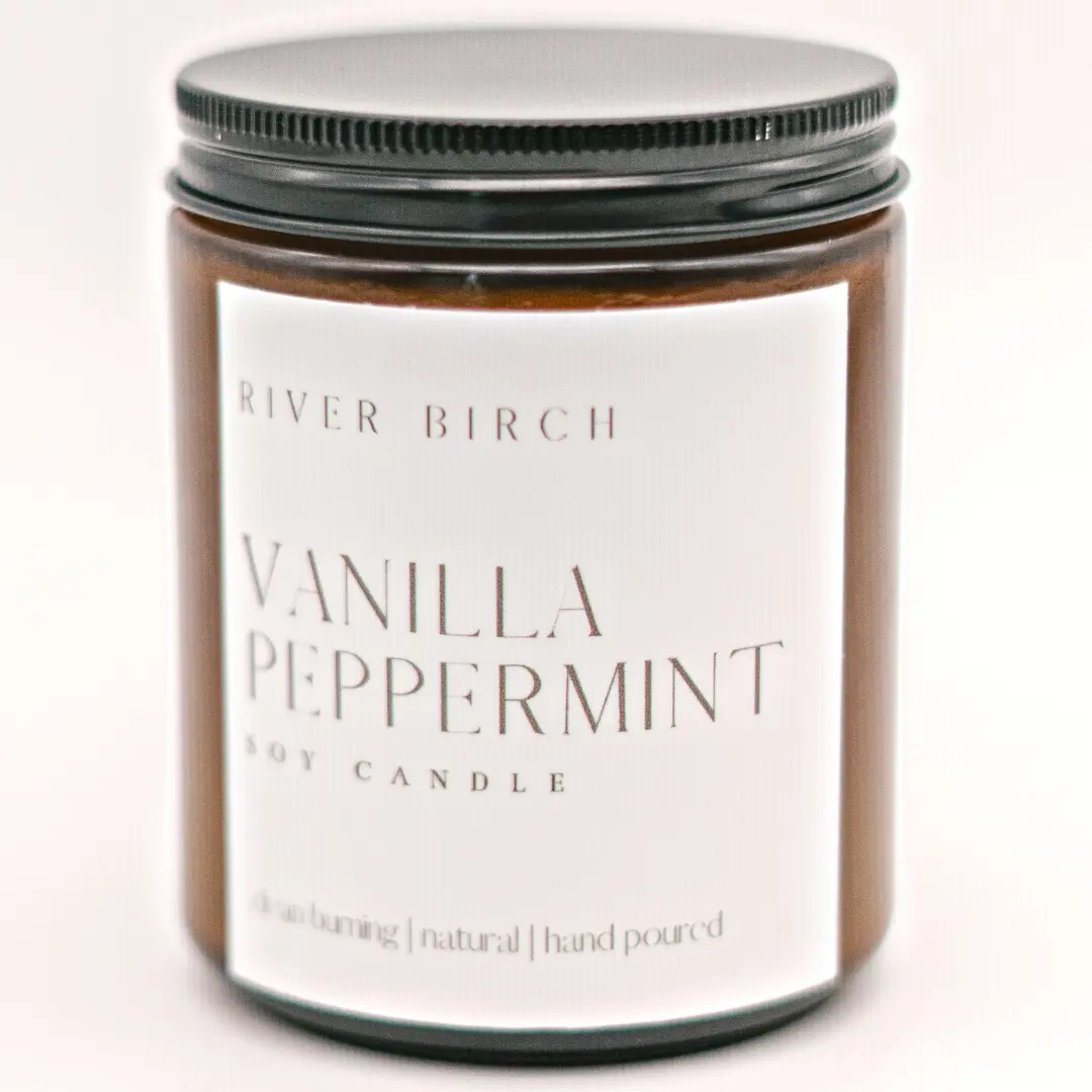 River Birch Vanilla Peppermint - Amber Jar 8.5 oz Soy Candles | 100% Soy Wax, Organic Cotton Wick, Natural Scent for Home Decor