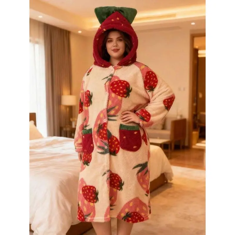 New Strawberry Plus Size Women's Sleeprobe Bathrobe, Autumn Winter Coral Fleece Warm Loose One-Piece Soft Stretchy Homewear, Christmas Gift for Girlfriend New Strawberry Plus Size Women's Sleeprobe Bathrobe, Autumn Winter Coral Fleece Warm Loose One-Piece Soft Stretchy Homewear, Christmas Gift for Girlfriend