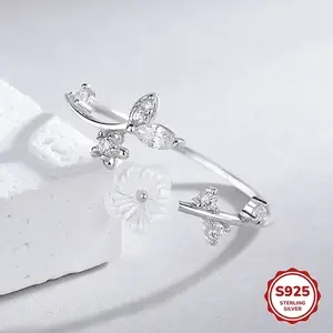Dainty Flower Ring Cute Sparkling Camellia Flowers Cubic Zirconia Leaf Open Band Wrap Ring Elegant Adjustable Jewelry for Women