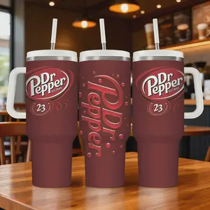 Dr Pepper 40 oz Stainless Steel Travel Mug with Handle Insulated Double Wall Vacuum Sealed Coffee Thermos Ergonomic Shape Rust Resistant Reusable Water Bottle Valentine's Day Gift