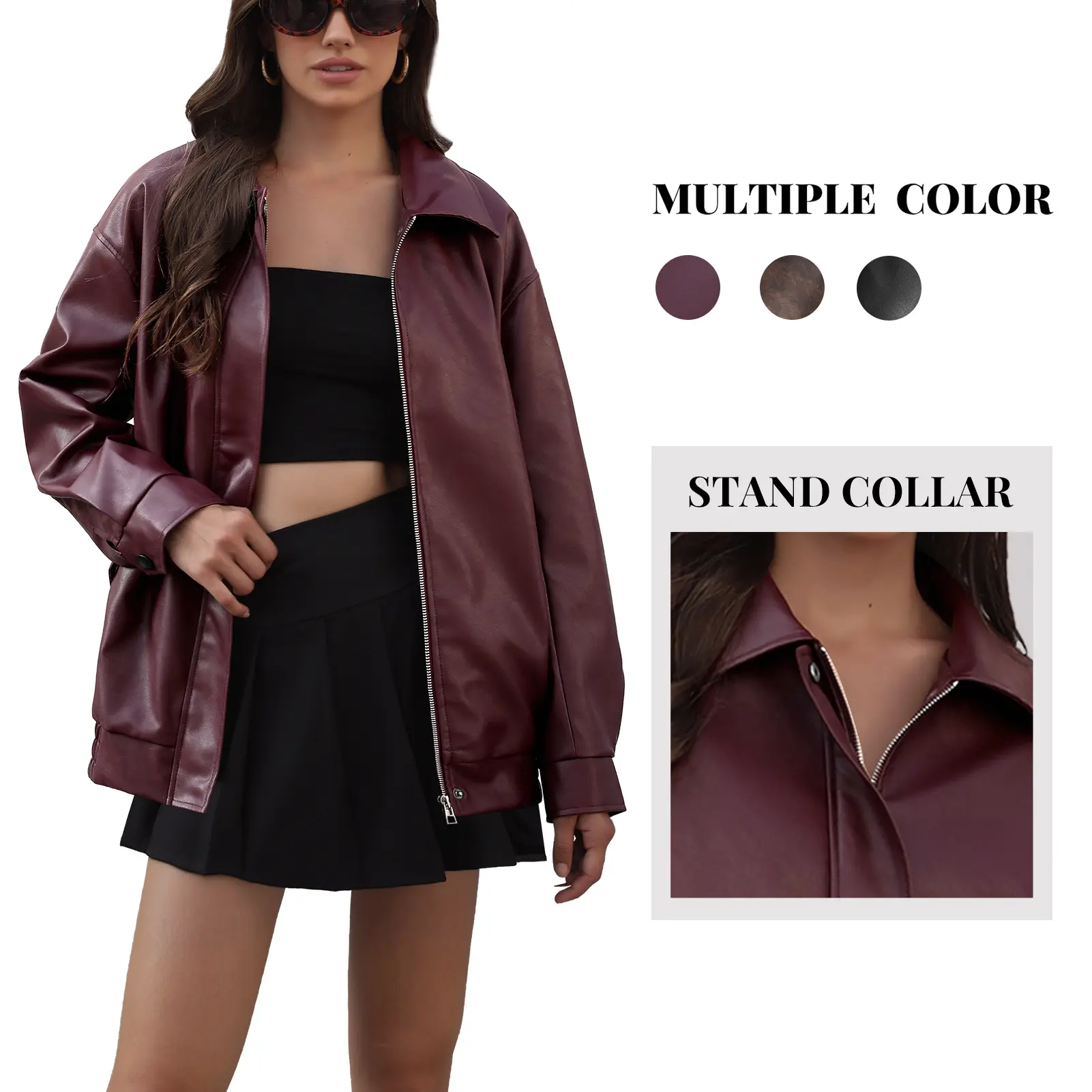 Women's Collared Faux Leather Jacket, Oversized Biker Style Outerwear, Plain Long Sleeve Zippered Garment, Great Layering Piece for Travel, Simple, Fashion Apparel, Hoodie, Tops, Coats, Soft, Basic, Lady, Thick, Pockets, Casual