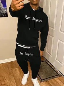 Men's Fleece Hoodie Set 2-Piece Letter Print Hooded Sweatshirt + Drawstring Casual Fleece Sport Pants, Casual Sportswear Matching Sweat Set Fall & Winter Loose Fit Sweatsuits Set