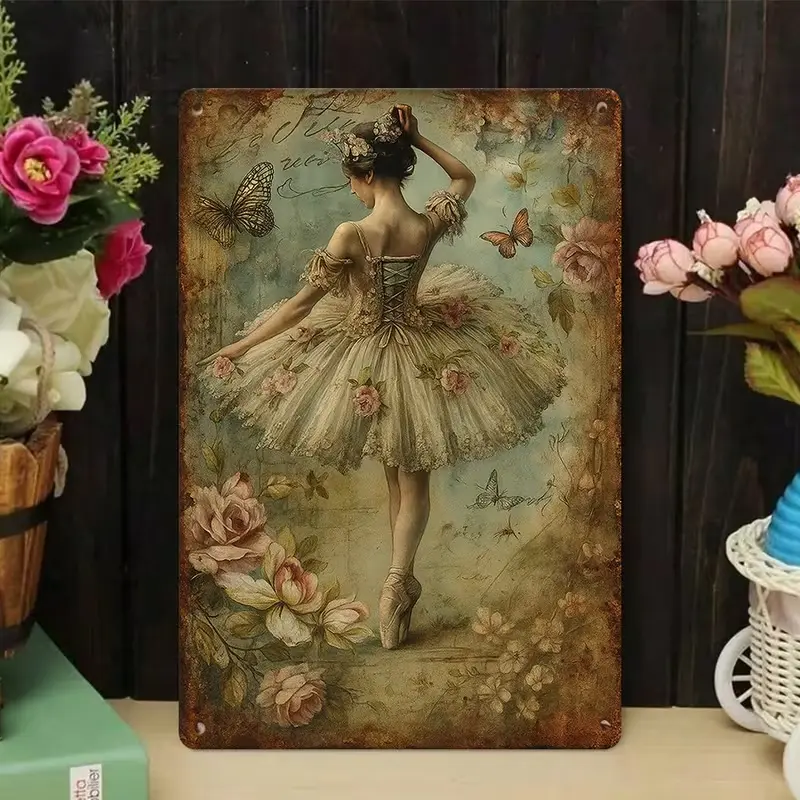 8x12 in Vintage Ballerina Flower Butterfly Metal Tin Sign - Home Wall Art, Wall Decor, Antique Distressed Oil Painting Plaque, Shabby Chic Rustic Ballet Artwork for Girls Bedroom, Dance Studio, Decorative Wall Art, Artistic