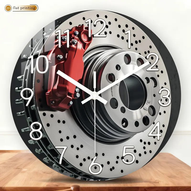 Car brake system design wall clock, home wall clock, Analog Clock - 2D flat print with silent sweep movement, suitable for school classroom and office decoration, Halloween and Christmas decoration, ideal housewarming gift (AA batteries not included)