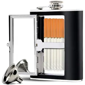 Stainless Steel Flask, Leak-proof Pocket Hidden Flasks with Built-in Cigarette Case and Leather Wrapped Cover, Black Hip Flask and Mini Funnel Set for Liquor for Men and Women
