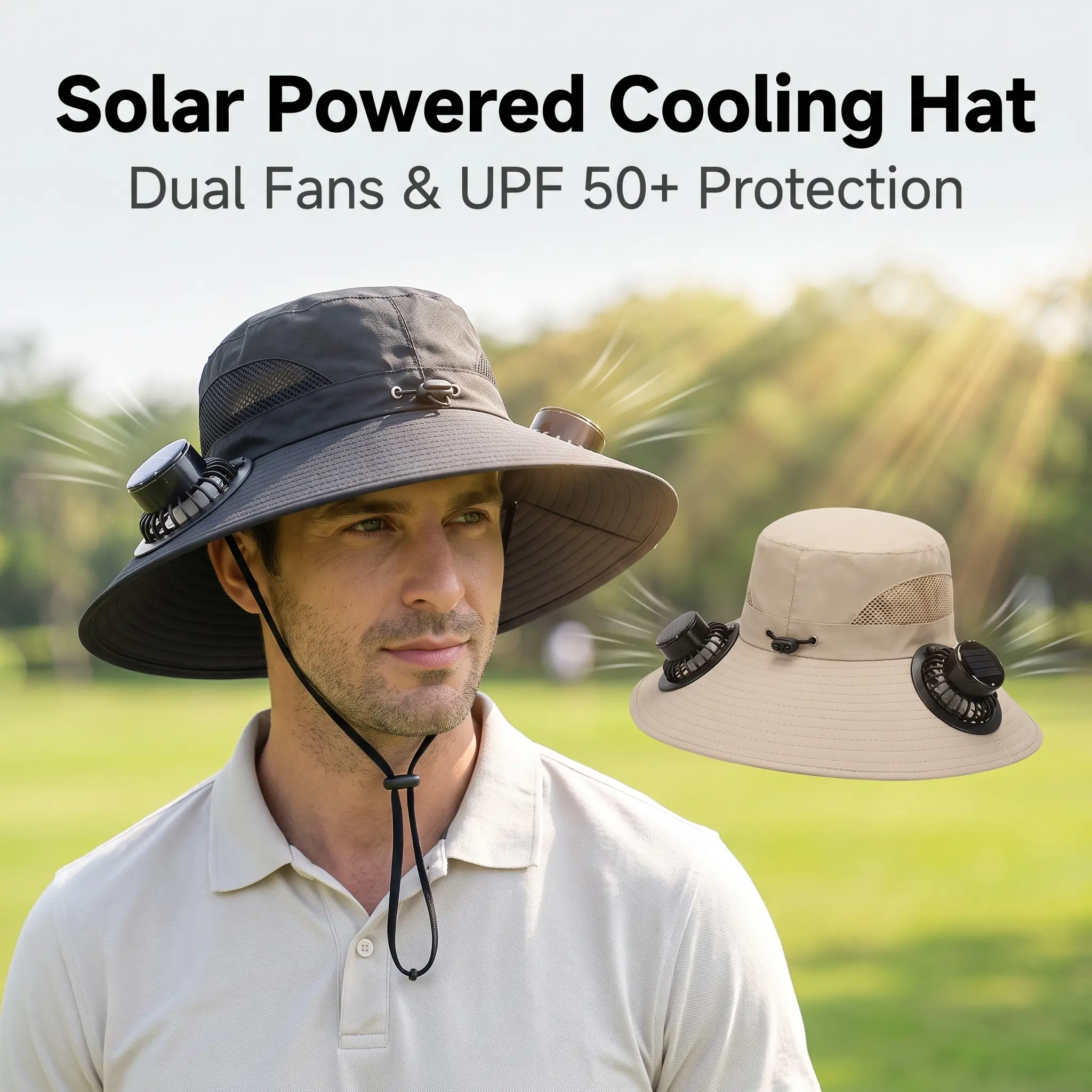 Solar Powered Fan Fishing Hat, UPF50+ UV Protection Wide Brim Sun Hat with Dual Cooling Fans, Waterproof Breathable Outdoor Cooling Hat for Fishing Hiking Gardening Beach