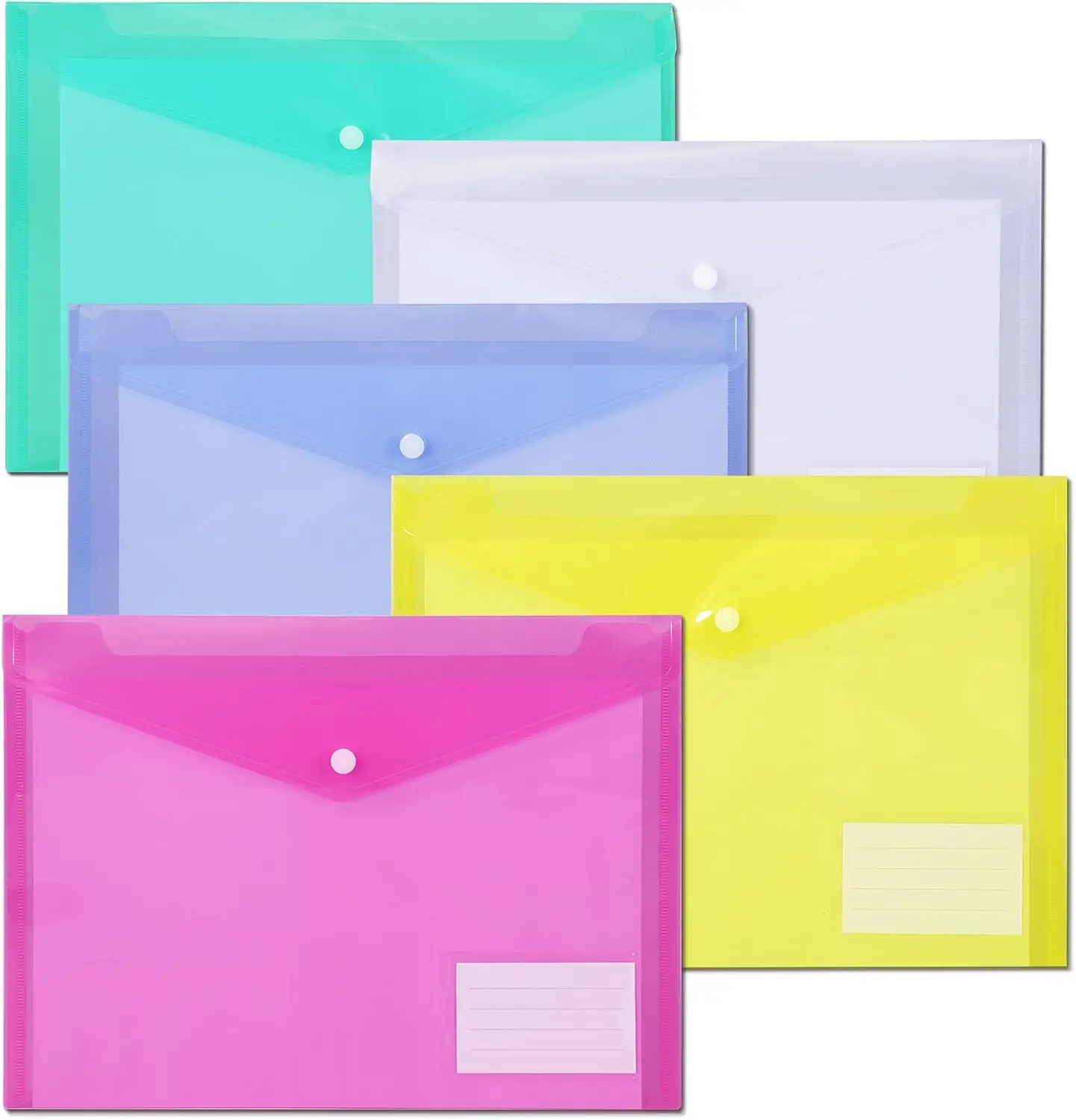 10 Pack Plastic File Folders with Label Pockets -  Letter & A4 Size Clear Document Envelopes, Assorted Color Poly Organizers for Office School Supplies