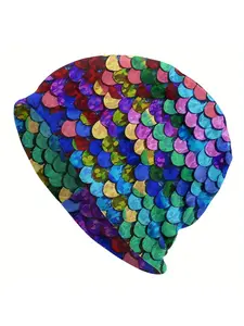 Mermaid Sequin Beanie for Men, Elastic Woven Casual Skull Cap, Polyester & Elastane Blend, Shiny Fish Scale Pattern Hat