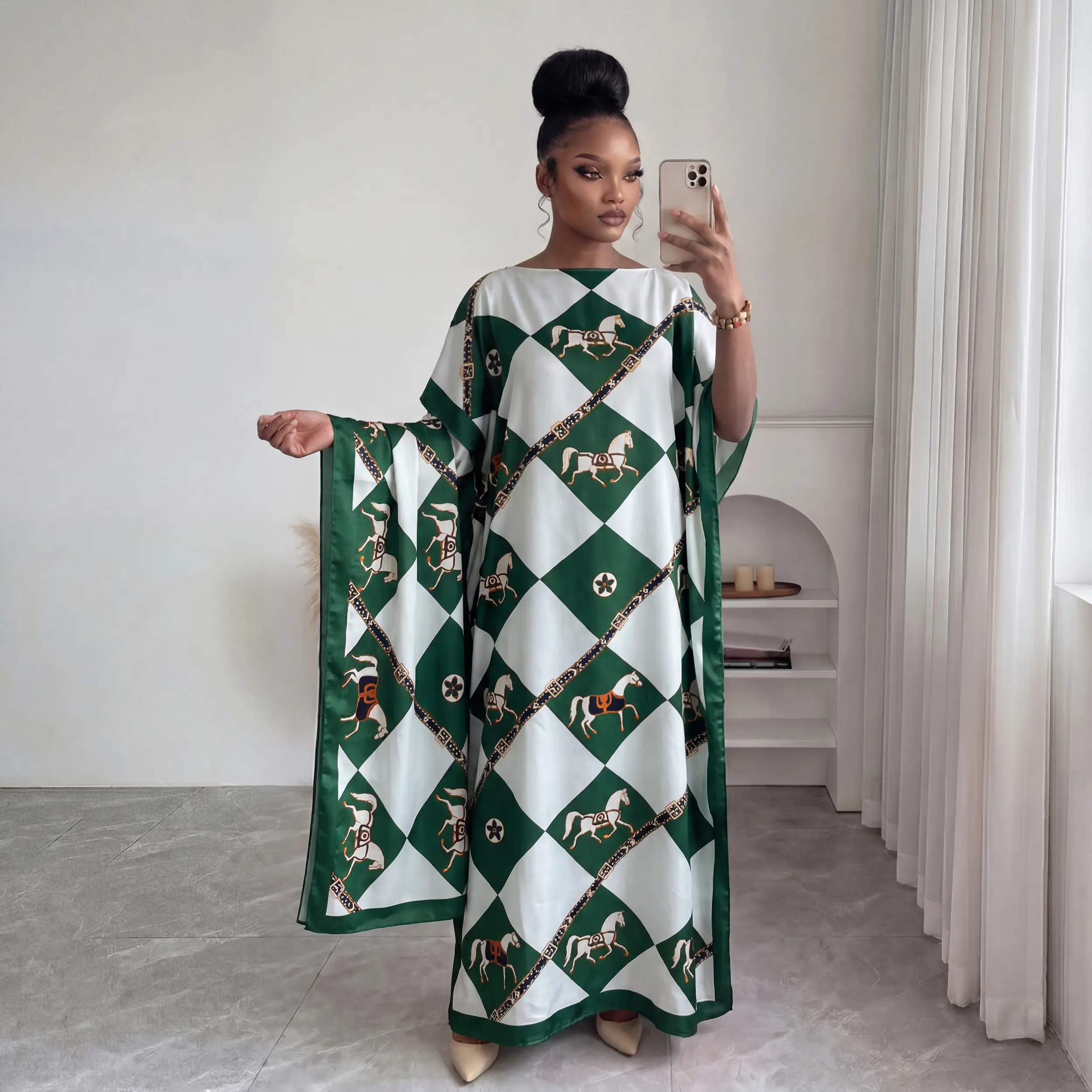Luxury Diamond Horse Print Satin Kaftan Dress with Matching Scarf, Oversized Batwing Floor Length Maxi Caftan for Women Vacation Wedding Outfit