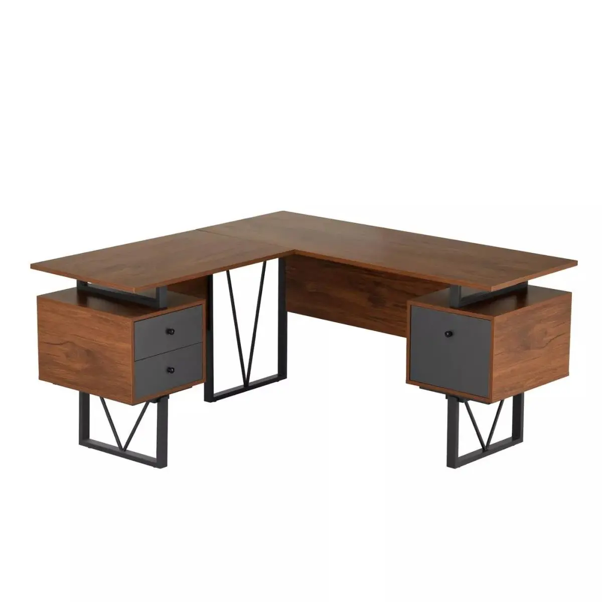 Reversible L-Shape Computer Desk with Drawers & File Cabinet, Walnut
