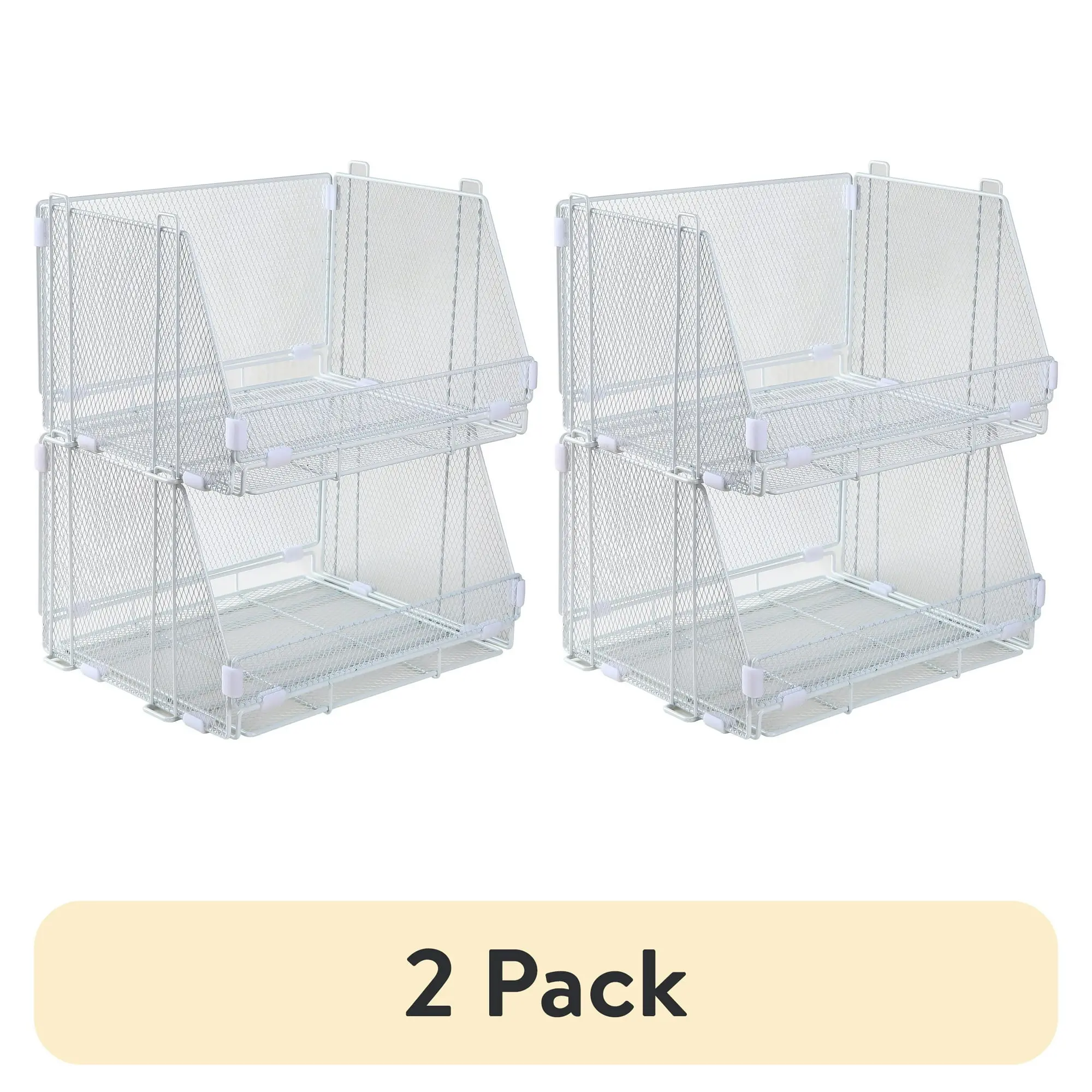 Folding Stackable Wire Storage Baskets with Locking Clips, Collapsible Open Organizer Bins, White, 2 Pack
