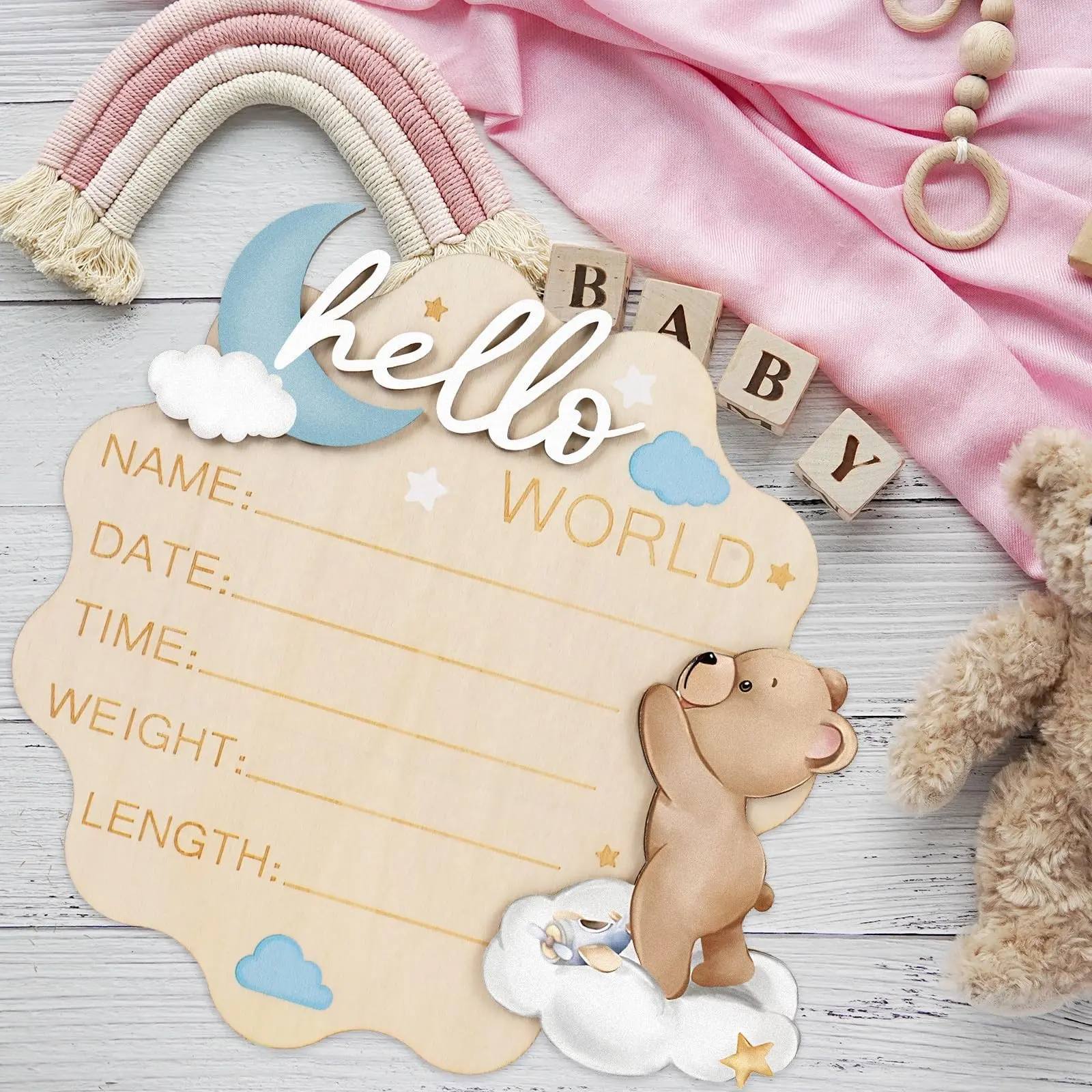 Baby Birth Announcement Wooden Plaque, Bear Moon Cloud Newborn Photo Prop, Moon Plaque Gift, Baby Birth Announcement Photography Prop, Wooden Memorial Record Board, Yang Wood, China Harvested, Wood Sign