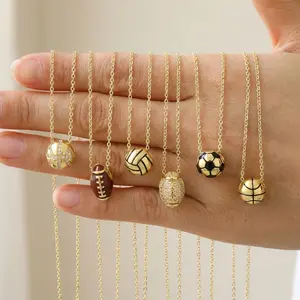 New Sports Necklace for Men Women,14k Gold Plated Football/Basketball/Volleyball/Rugby/Tennis Pendant Necklace For Mens Gift