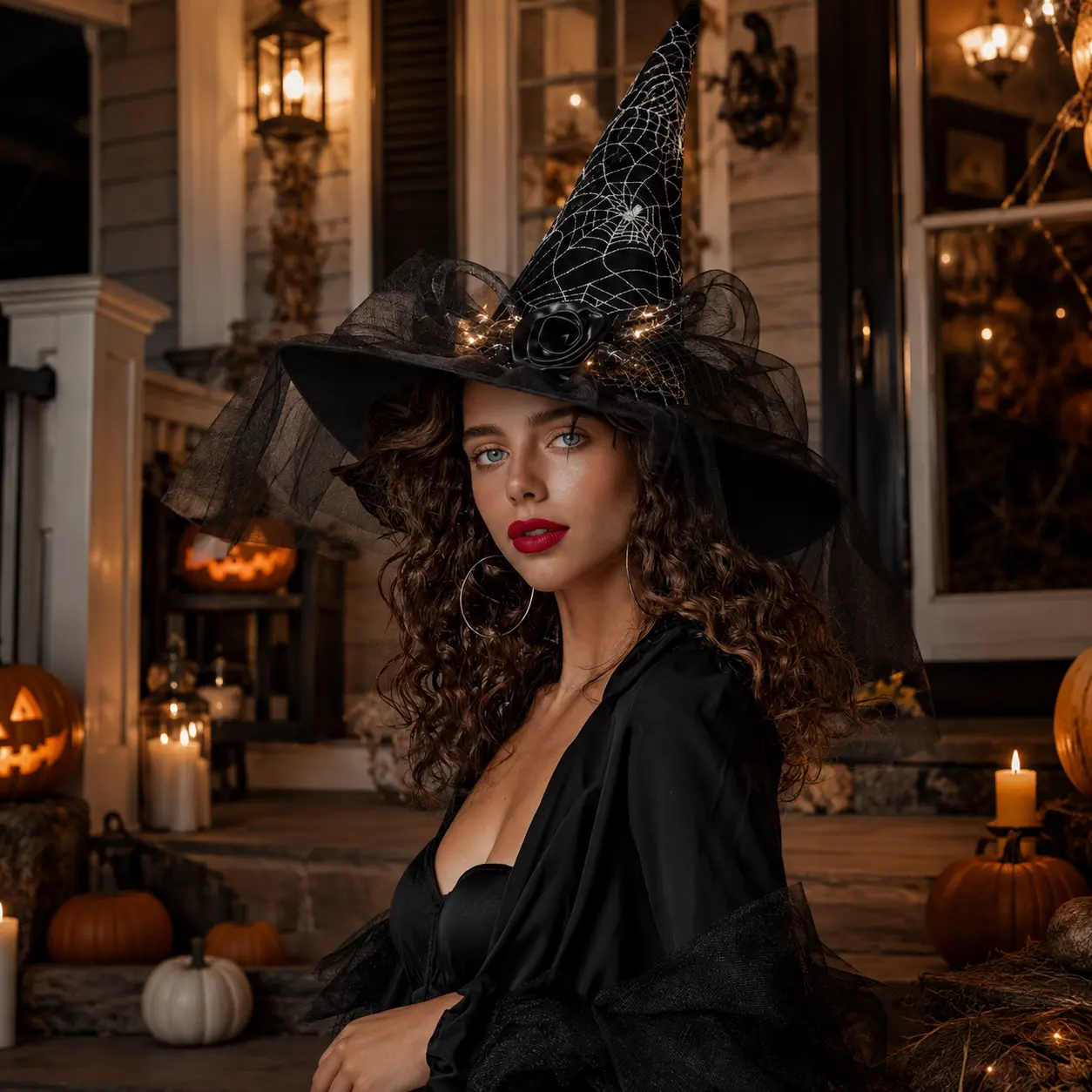 Women’s Light-Up Halloween Witch Hat, Black Cosplay Costume Accessory