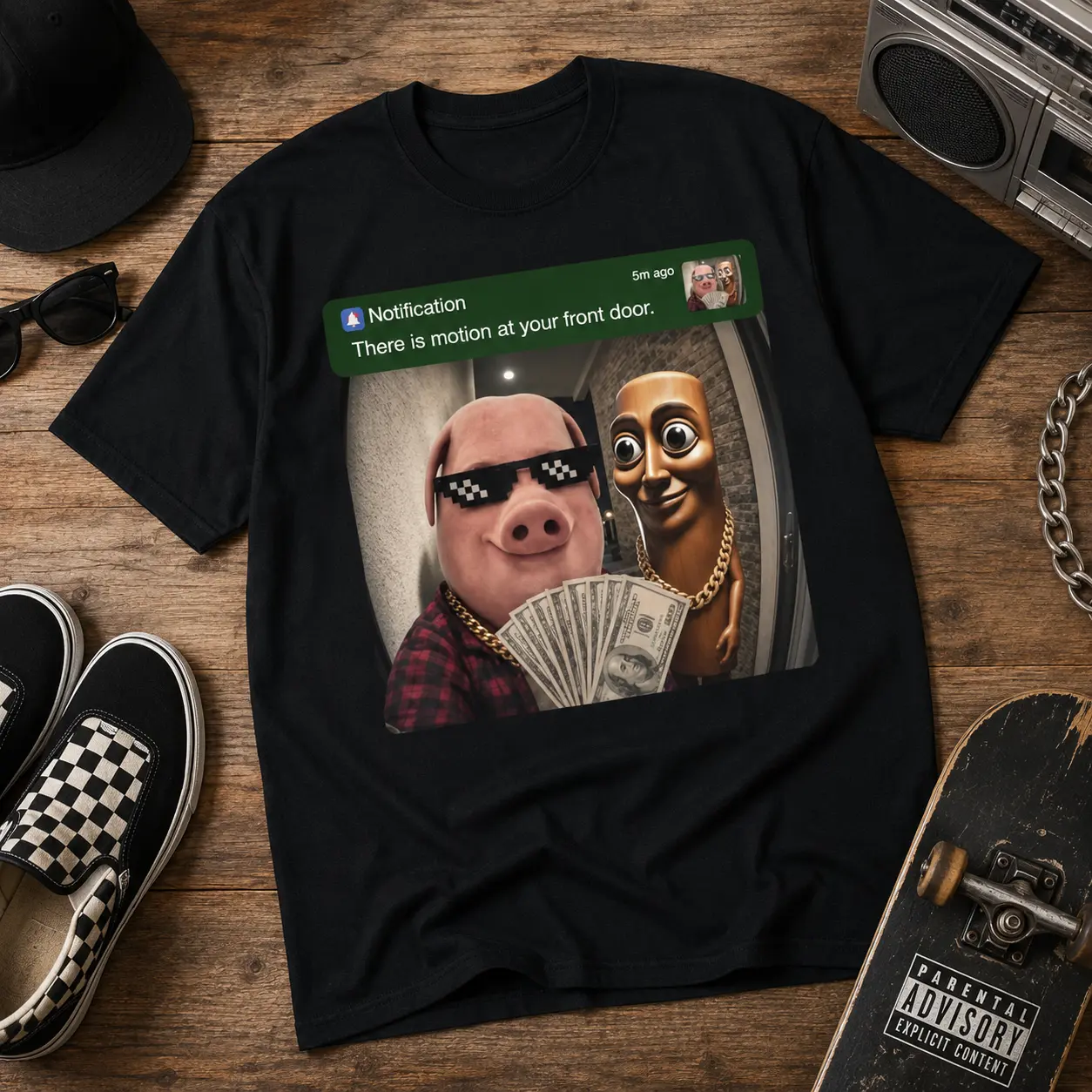 Motion At Your Front Door Meme Camera T-Shirt, Funny Surreal Brainrot Pig Money Graphic Tee, Gen Z Internet Humor Gift Oversized Fit