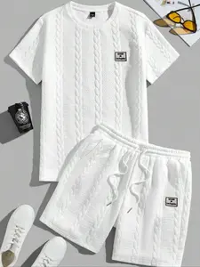 Men's summer casual fashion round neck short-sleeved short pants set with braided texture andraised pattern,boyfriend gentleman style,bestchoice for holiday gifts