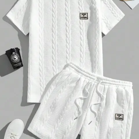 Men's Stylish Fashion 2-Piece Textured Woven Casual Clothes Set - Round Crew Neck Short Sleeve Top, Loose-Fitting Above-Knee Shorts, Summer Polyester Menswear, Boyfriend Gentleman Style, Plain Raised Pattern, Holiday Wear