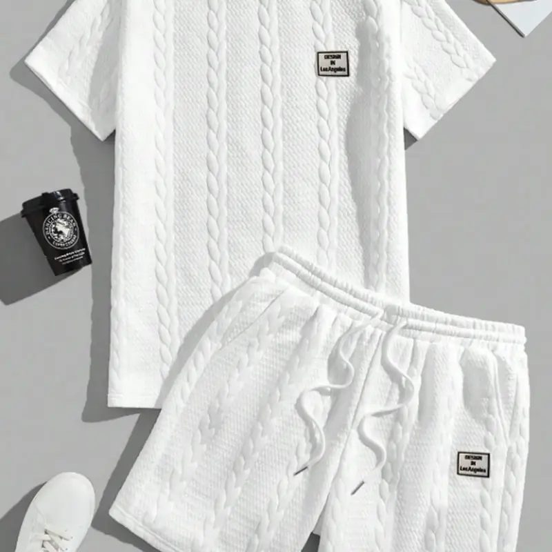 Men's Stylish Fashion 2-Piece Textured Woven Casual Clothes Set - Round Crew Neck Short Sleeve Top, Loose-Fitting Above-Knee Shorts, Summer Polyester Menswear, Boyfriend Gentleman Style, Plain Raised Pattern, Holiday Wear