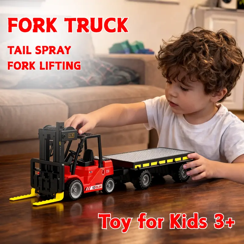Egofuntoy Battery-Powered Remote Control Forklift Truck Toy - with Pallet, Cargo, Water Spray, LED Light, Glowing Warehouse, Rechargeable Cells, Detachable Design, Dual Controls, 20+ Minutes Playtime, Enhances RC Modeling, Boys Christmas Gifts for 3+ Kids