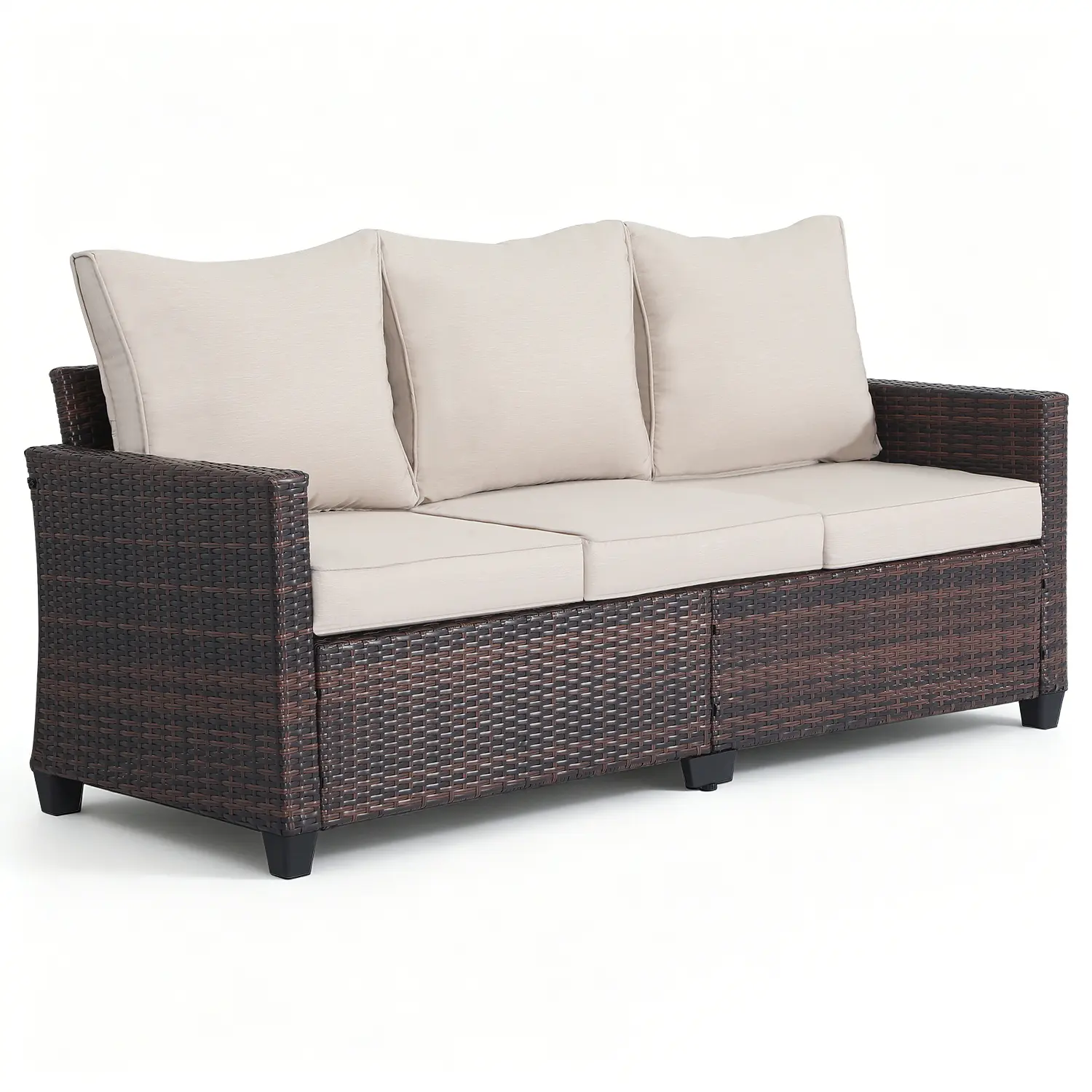 3-Seater High Back Deep Seat Sturdy Outdoor Patio Sofa - Casual Rustic All-Weather PE Rattan Sofa with Fixed Arms, Waterproof Cotton Outdoor Cushions, All-Weather Cushions, Assembly Required Comfy Couch for Garden, Poolside Decor