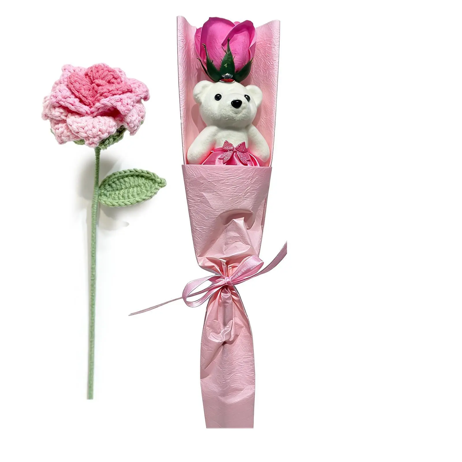 Handmade Crochet Rose Artificial Flowers,Great Gifts for Mother's Day Valentines Day Birthday Fake Bear Rose Flower for Home Office DIY Floral Art Plant Wedding Table Centerpieces Party Vase Decoration Decoration