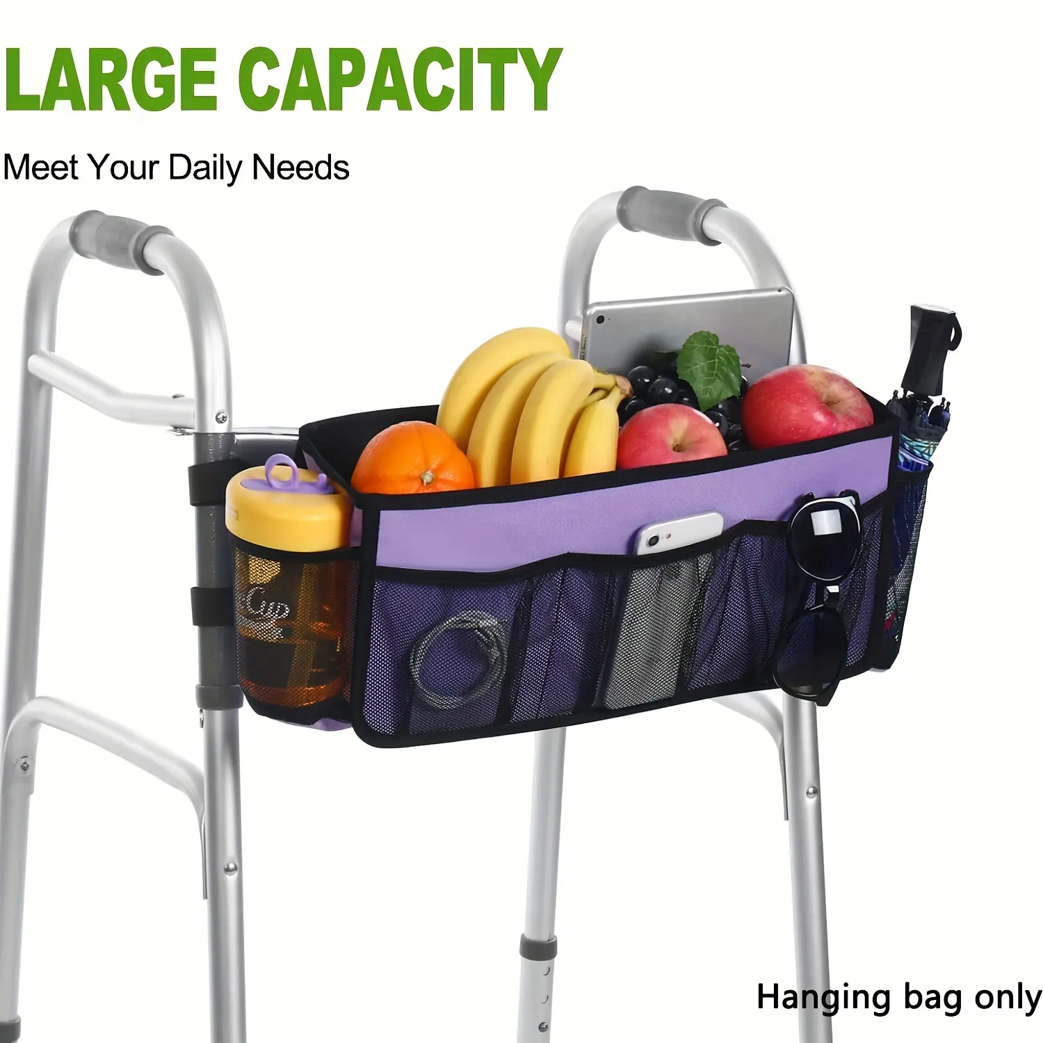 Upgraded Walking Aid Basket with Cup Holder, Foldable Walking Aid Bag Large Capacity Anti-Tip, Multi-Pocket Foldable Walking Aid Basket Bag, Universal Hands-Free Storage Bag for Walking Aid, Elderly-Specific Large Capacity Organizer Bag