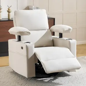 270 Swivel Rocker Recliner with Adjustable Memory Armrests, Oversized Power Nursery Recliner with USB Port, Rocking Chair with One-Touch Reset, Double Cup Holder, Faux Leather, Beige